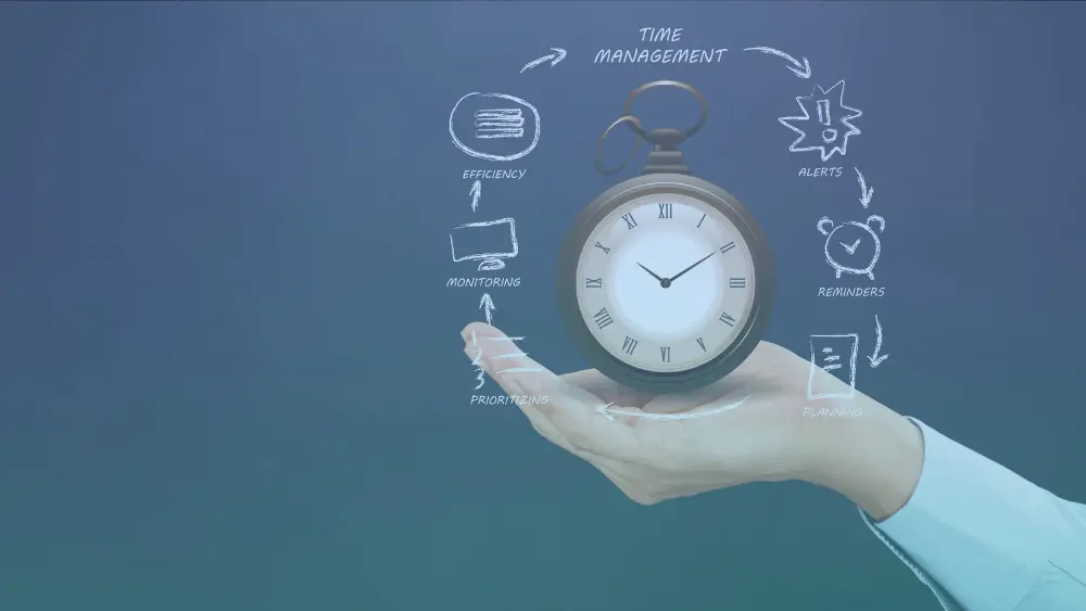 Front-line manager mastering time management techniques with clock and calendar visualization