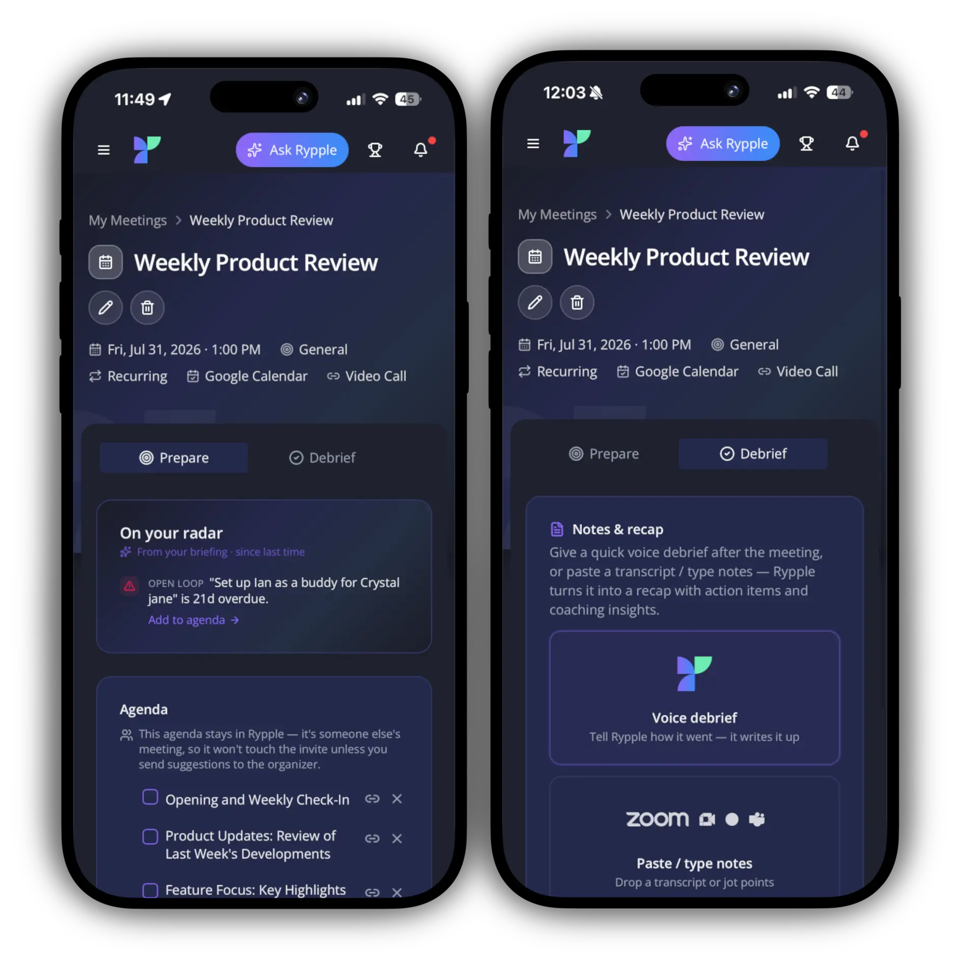 A meeting in Rypple on mobile — Prepare with an 'On your radar' brief and agenda, then Debrief with a voice recap or pasted transcript