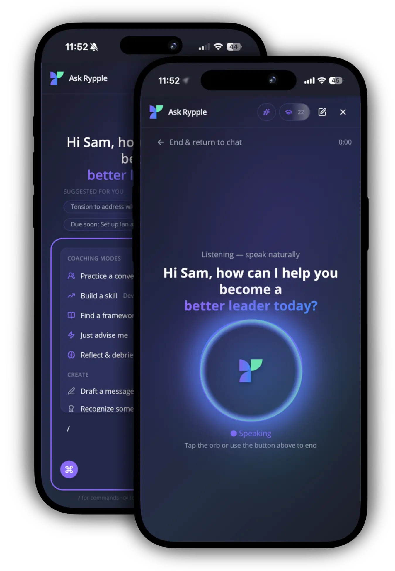 Ask Rypple on mobile — voice mode and chat with coaching modes and one-tap actions